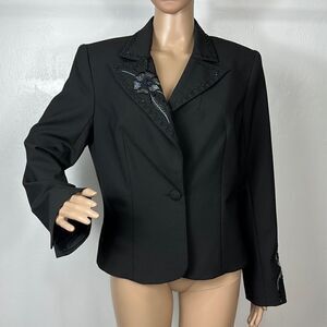 Cache Black Floral Beaded Embroidered Single Button Closure Blazer Jacket Sz 12
